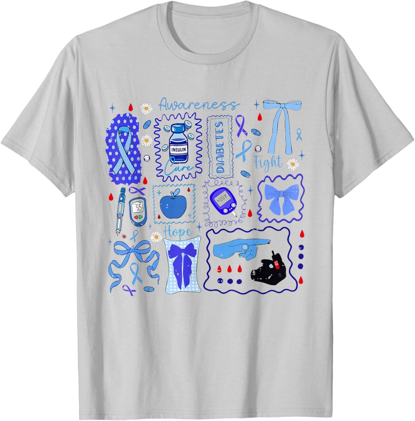 Blue Ribbon Type 1 Diabetes Awareness T1D Warrior Support T-Shirt - T-Shirt | Ash