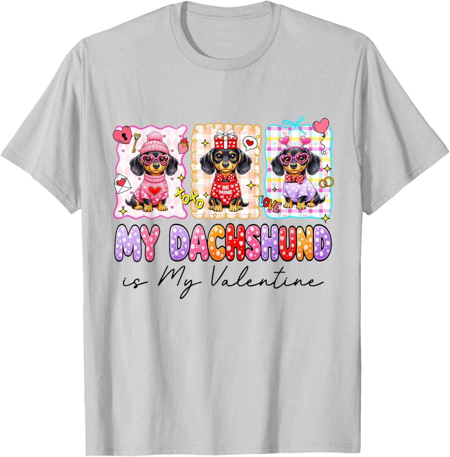 Dachshund is My Valentine Coquette Heart Retro Dog Love Cute T-Shirt - T-Shirt | Ash