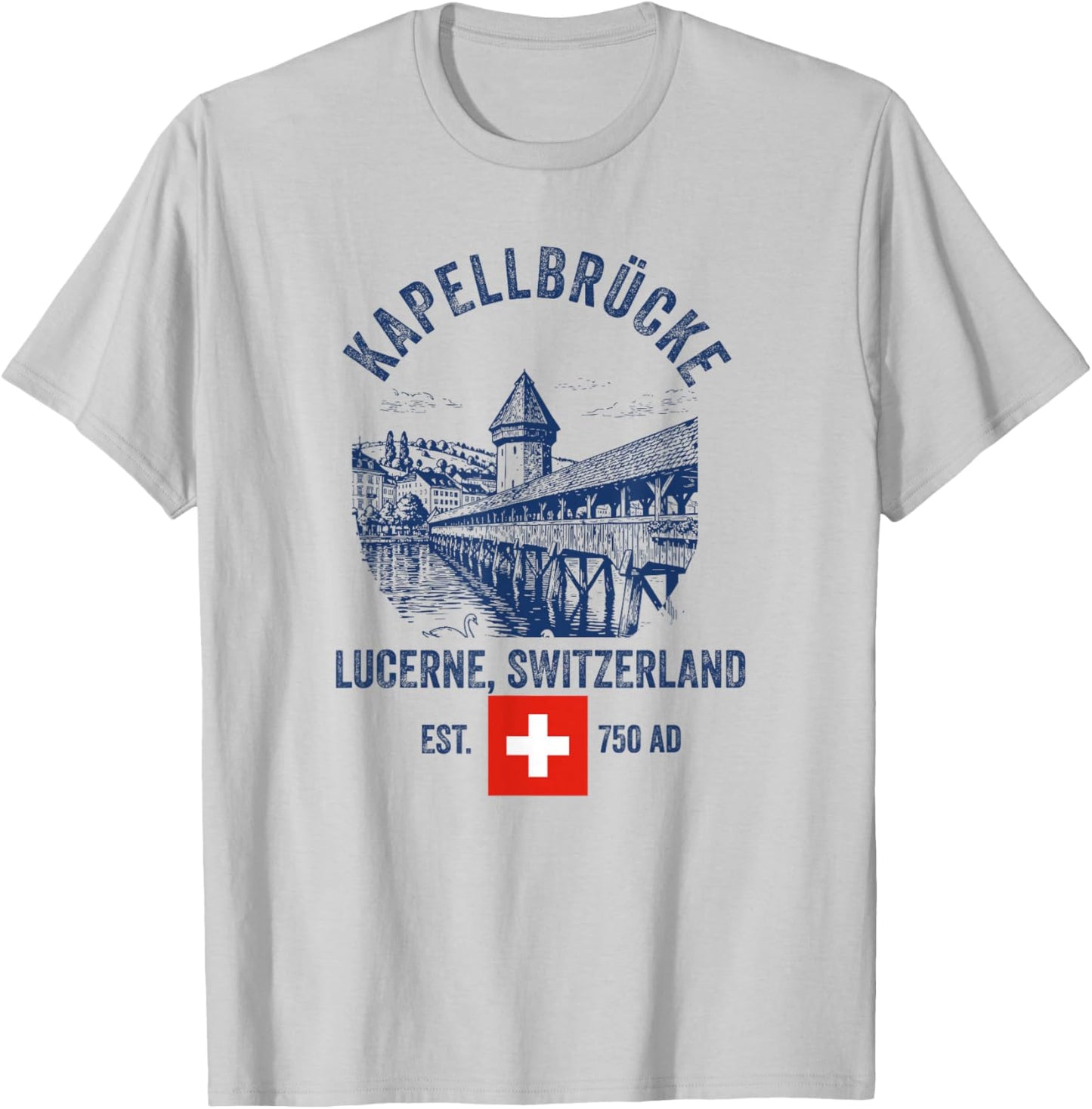 Lucerne Switzerland Flag Skyline Souvenir Bridge Chapel T-Shirt - T-Shirt | Ash