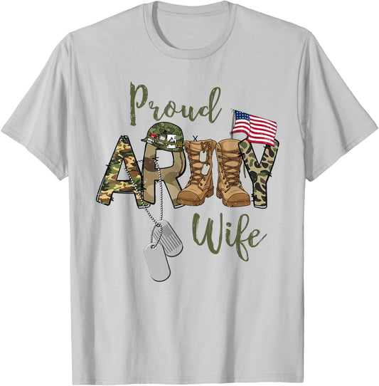 Proud Army Wife Military Wife with Dog Tag US Flag T-Shirt - T-Shirt | Ash