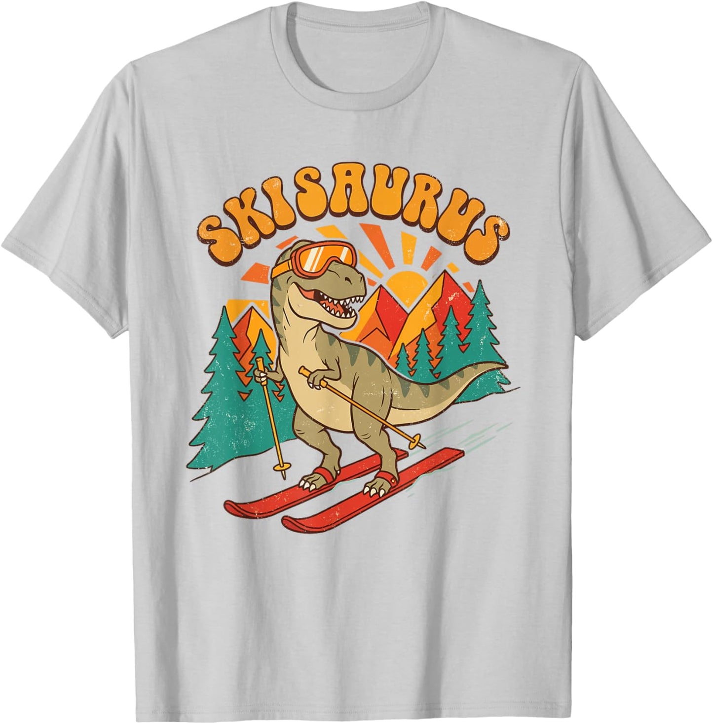 Skisaurus Skiing Dinosaur Vintage Winter Sports T-Shirt - T-Shirt | Ash