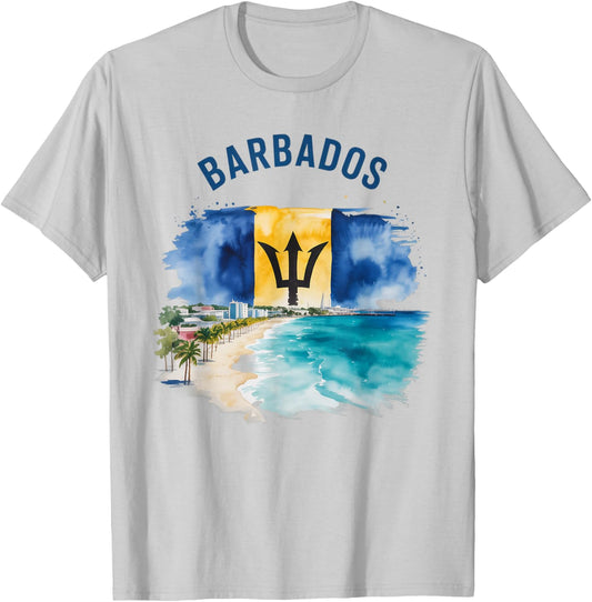 Barbados Vintage Watercolor Flag Scenic Culture Travel T-Shirt - T-Shirt | Ash