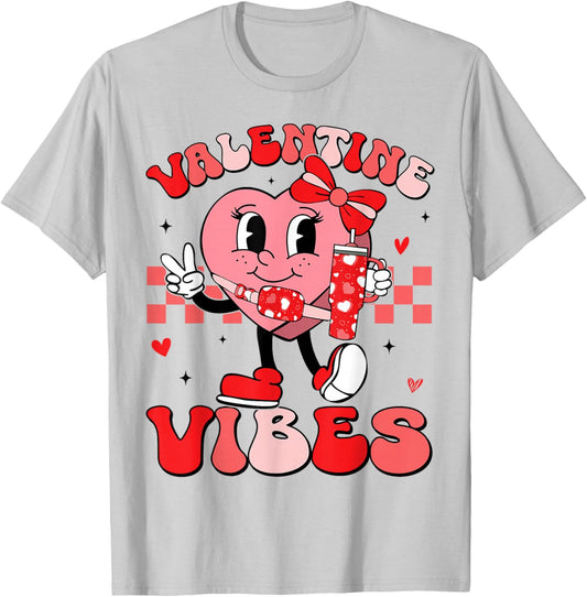 Valentine Vibes Groovy Valentines Day Shirt Women Girls Kids T-Shirt - T-Shirt | Ash
