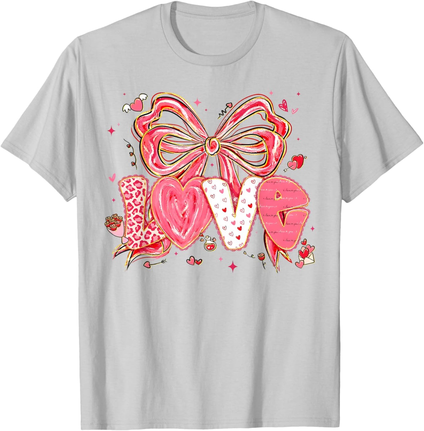 Coquette Bow Hearts Love Valentine XOXO Be Mine Cute Girly T-Shirt - T-Shirt | Ash