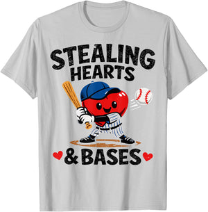 Stealing Hearts & Bases Valentine’s Day Baseball Love T-Shirt - T-Shirt | Ash