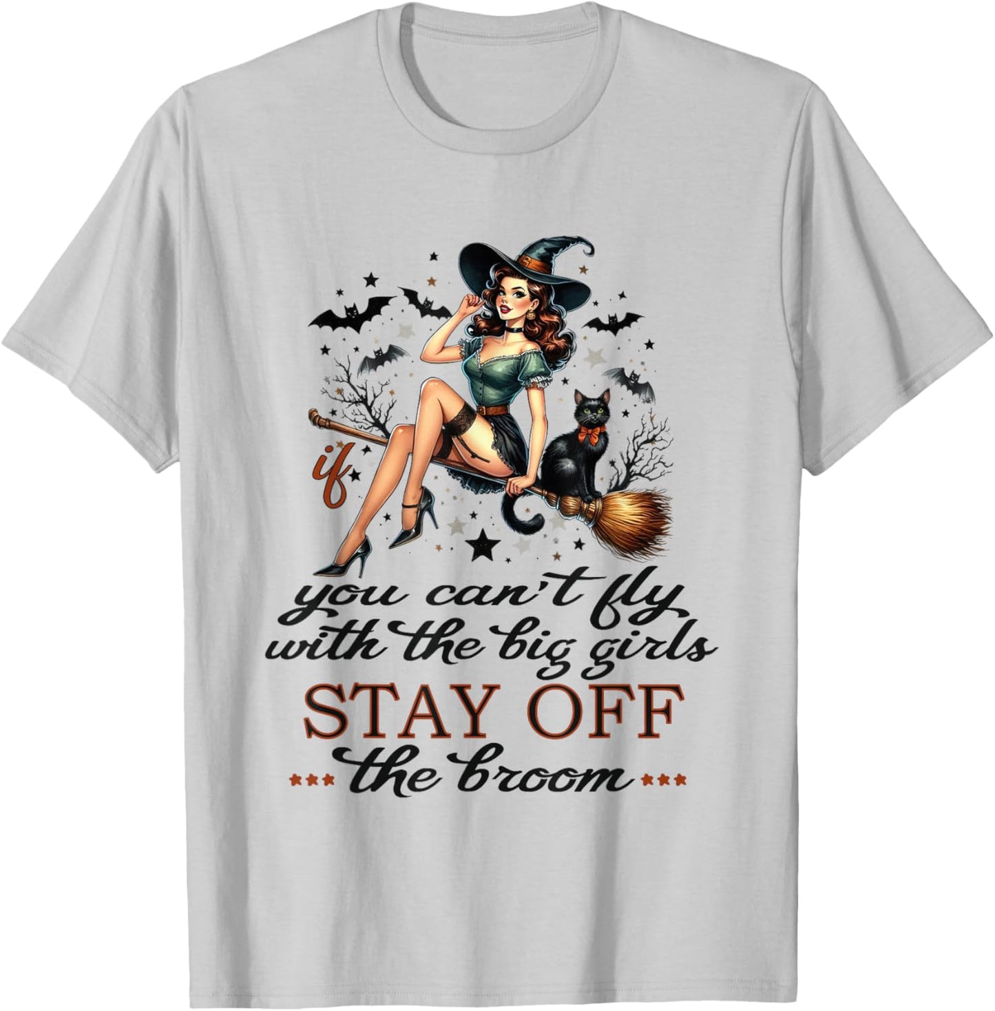 Halloween Witch Funny Fly with The Big Girls Pin Up Satire T-Shirt - T-Shirt | Ash
