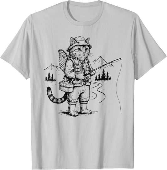 Fish Cat Fisherman T-Shirt - T-Shirt | Ash