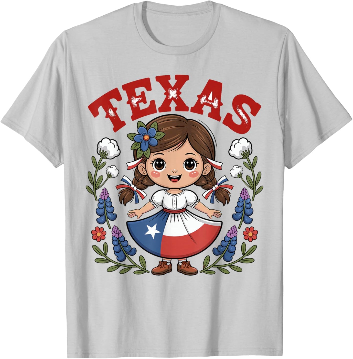 Cute Texas Little Girl in Flag Dress with Bluebonnets Kids T-Shirt - T-Shirt | Ash