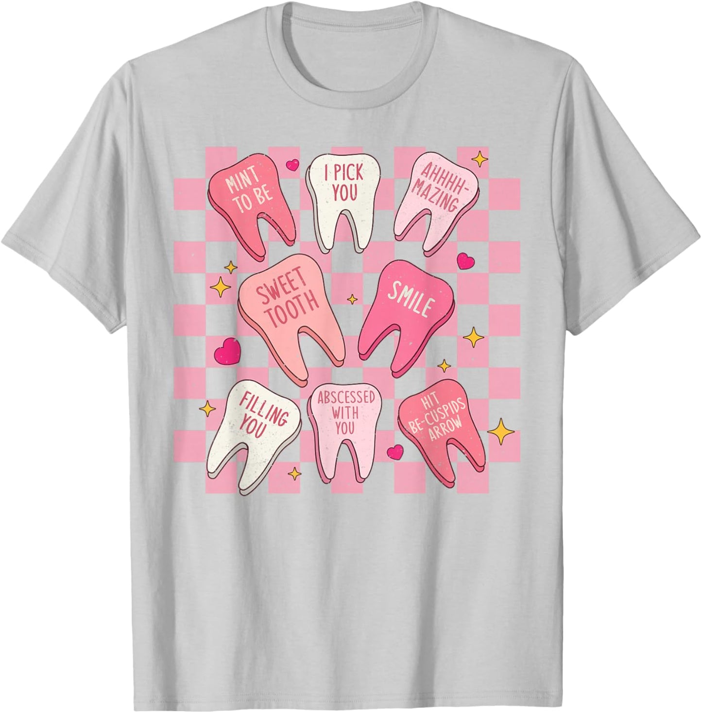 Cute Pink Checkered Dental Tooth Dentist Valentine's Day T-Shirt - T-Shirt | Ash