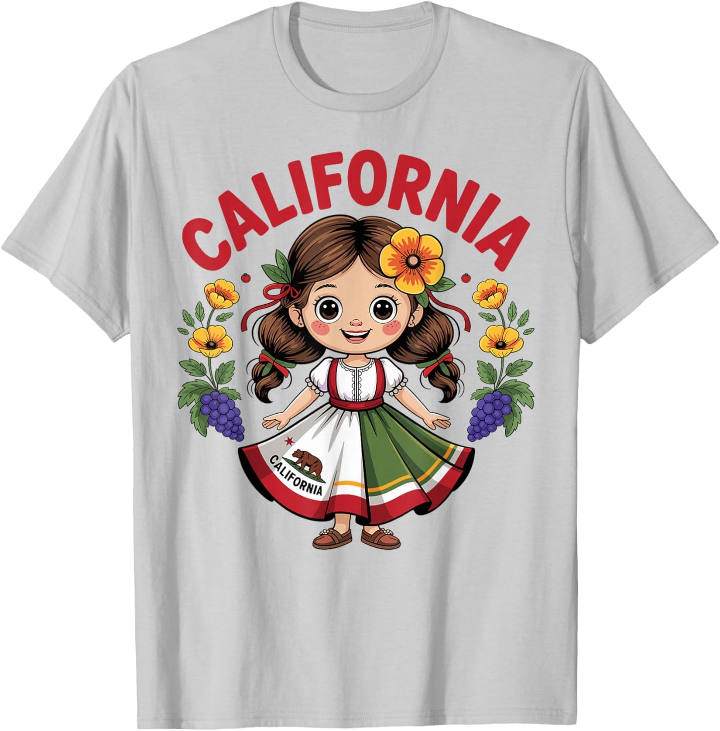 Cute California Girl in State Flag Dress and Flowers Girls T-Shirt - T-Shirt | Ash