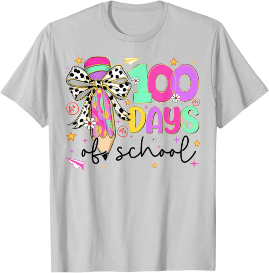 Pencil Coquette Bow Women Girl 100th Day of School 100 Days T-Shirt - T-Shirt | Ash