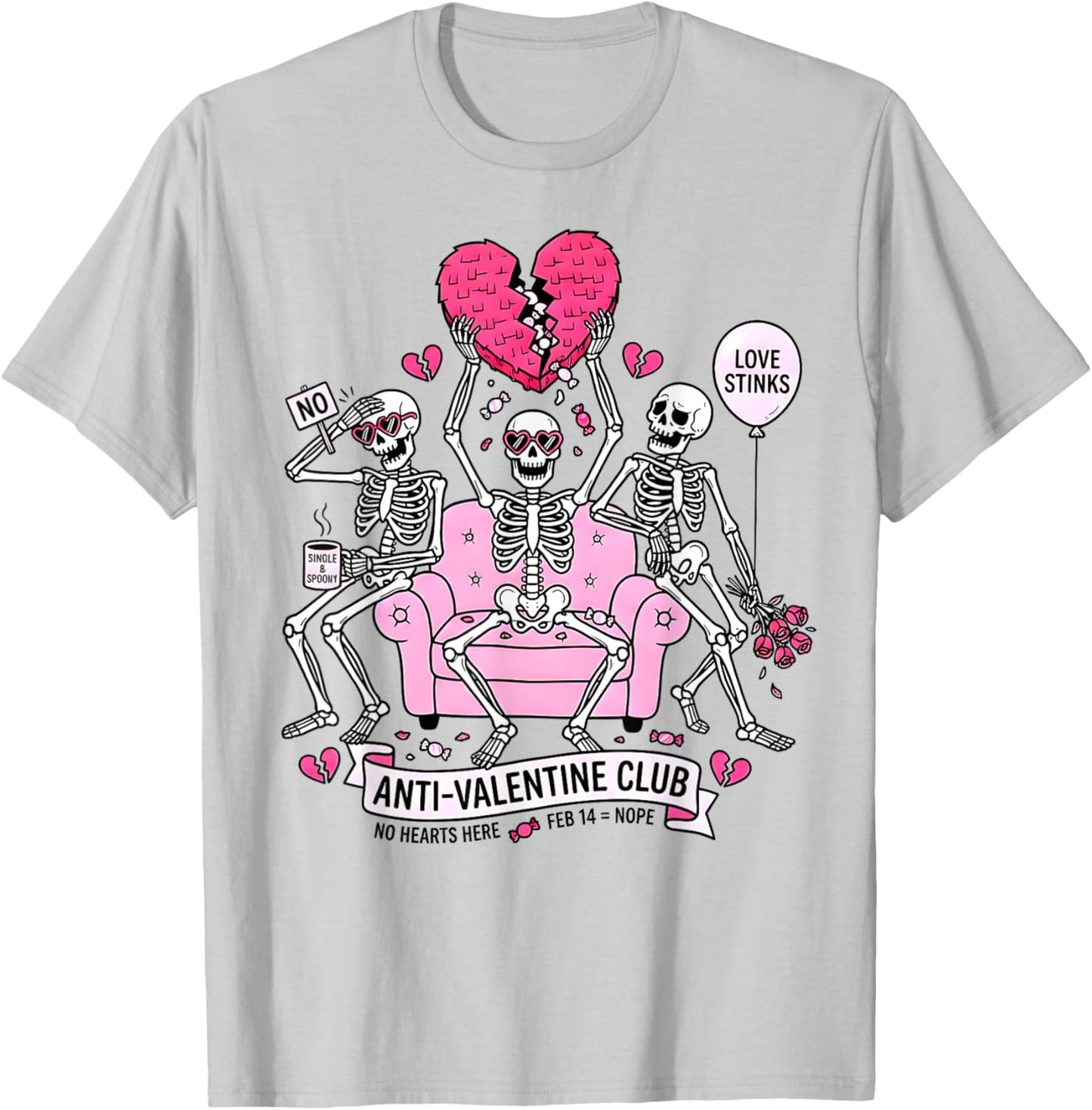 Anti Valentine Club Funny Skeleton Valentines Men Women Kid T-Shirt - T-Shirt | Ash