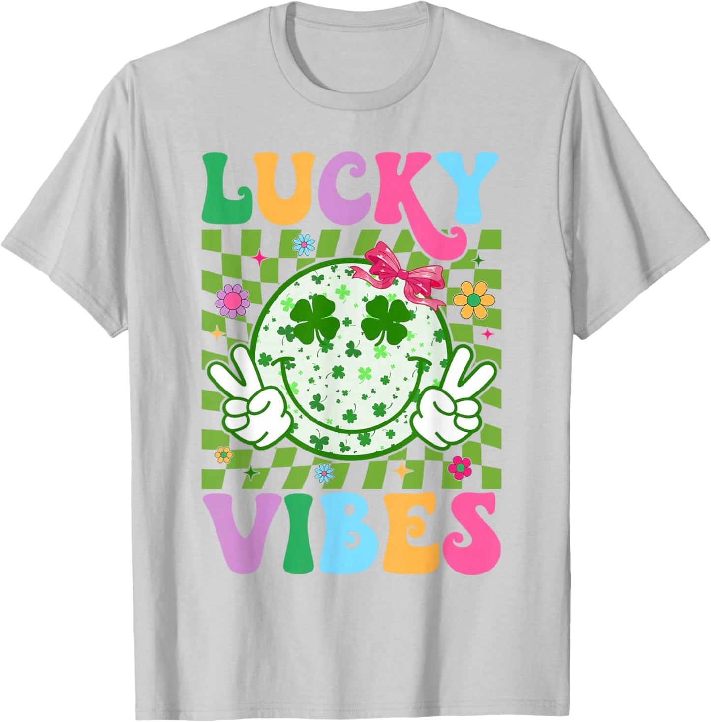Groovy St Patricks Day Lucky Vibes Shamrock Women Girls Kids T-Shirt - T-Shirt | Ash