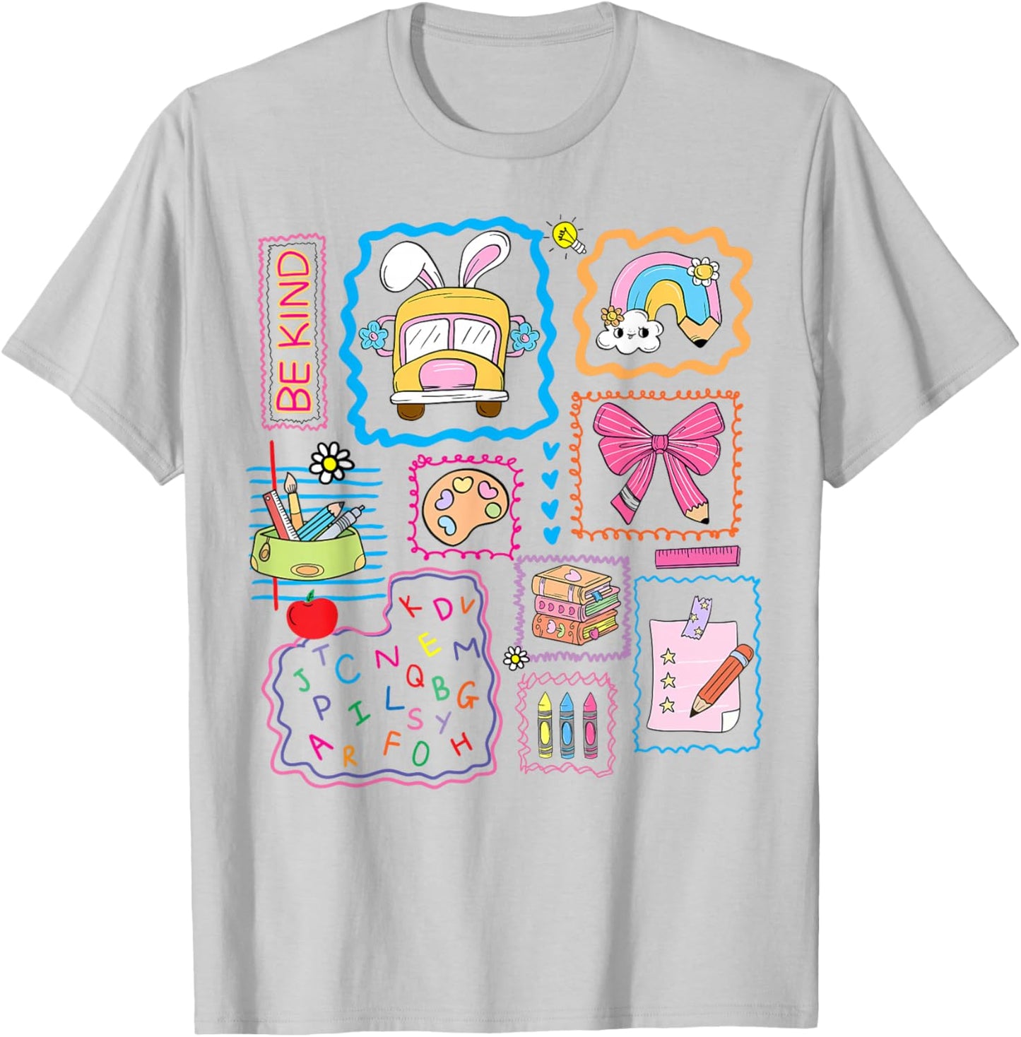 Be Kind School Girls Teacher Coquette Bow Bus Rainbow Crayon T-Shirt - T-Shirt | Ash