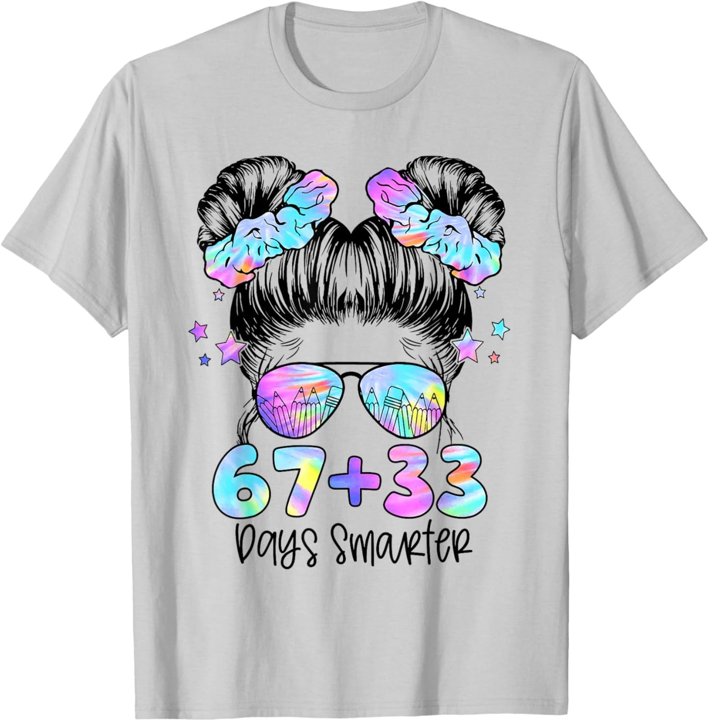 67 33 Days Smarter Messy Bun Girl 100th Day of School Kids T-Shirt - T-Shirt | Ash