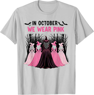 in October We Wear Pink Halloween Breast Cancer Awareness T-Shirt - T-Shirt | Ash