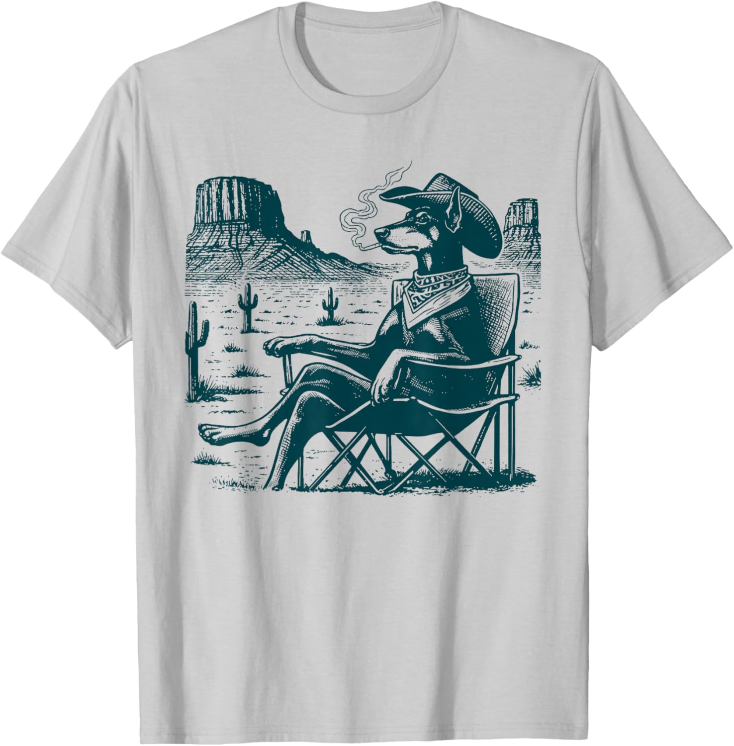 Doberman Dog Smoking with UFO Western Cowboy Dog T-Shirt - T-Shirt | Ash