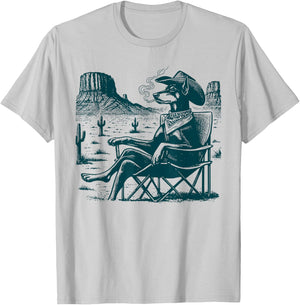 Doberman Dog Smoking with UFO Western Cowboy Dog T-Shirt - T-Shirt | Ash