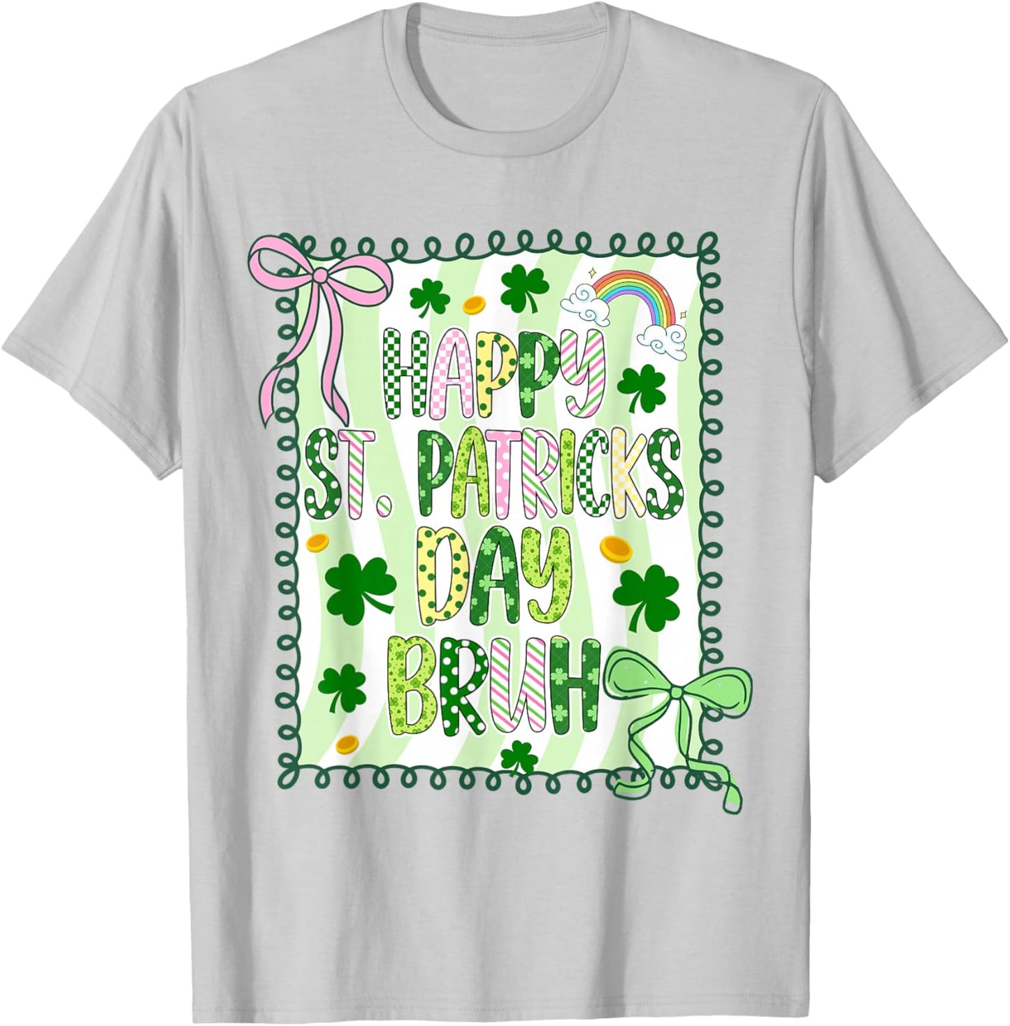 Bruh Happy St Patricks Day Kids Coquette Girls Bow Shamrock T-Shirt - T-Shirt | Ash