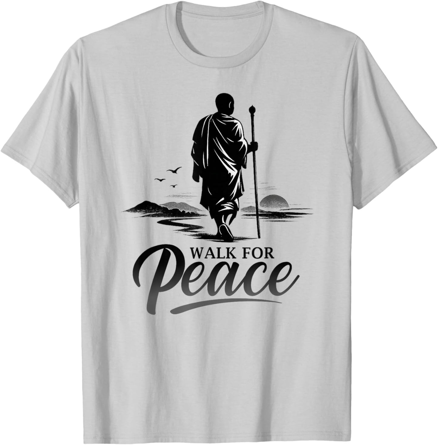 Retro Walk for Peace Monks with Aloka Dog Minimalist Zen Art T-Shirt - T-Shirt | Ash