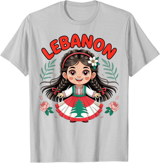 Lebanese Girl Traditional Dress with Flag Colors and Flowers T-Shirt - T-Shirt | Ash