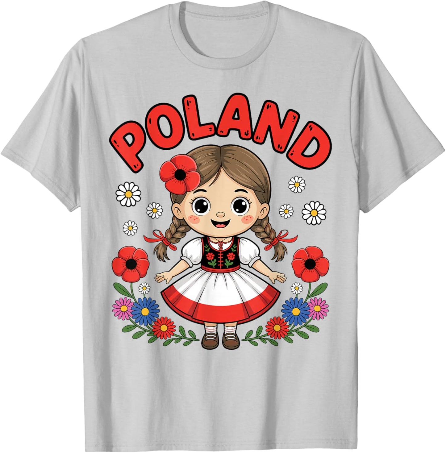 Cute Poland Girl Traditional Folk Dress with Flowers Kids T-Shirt - T-Shirt | Ash