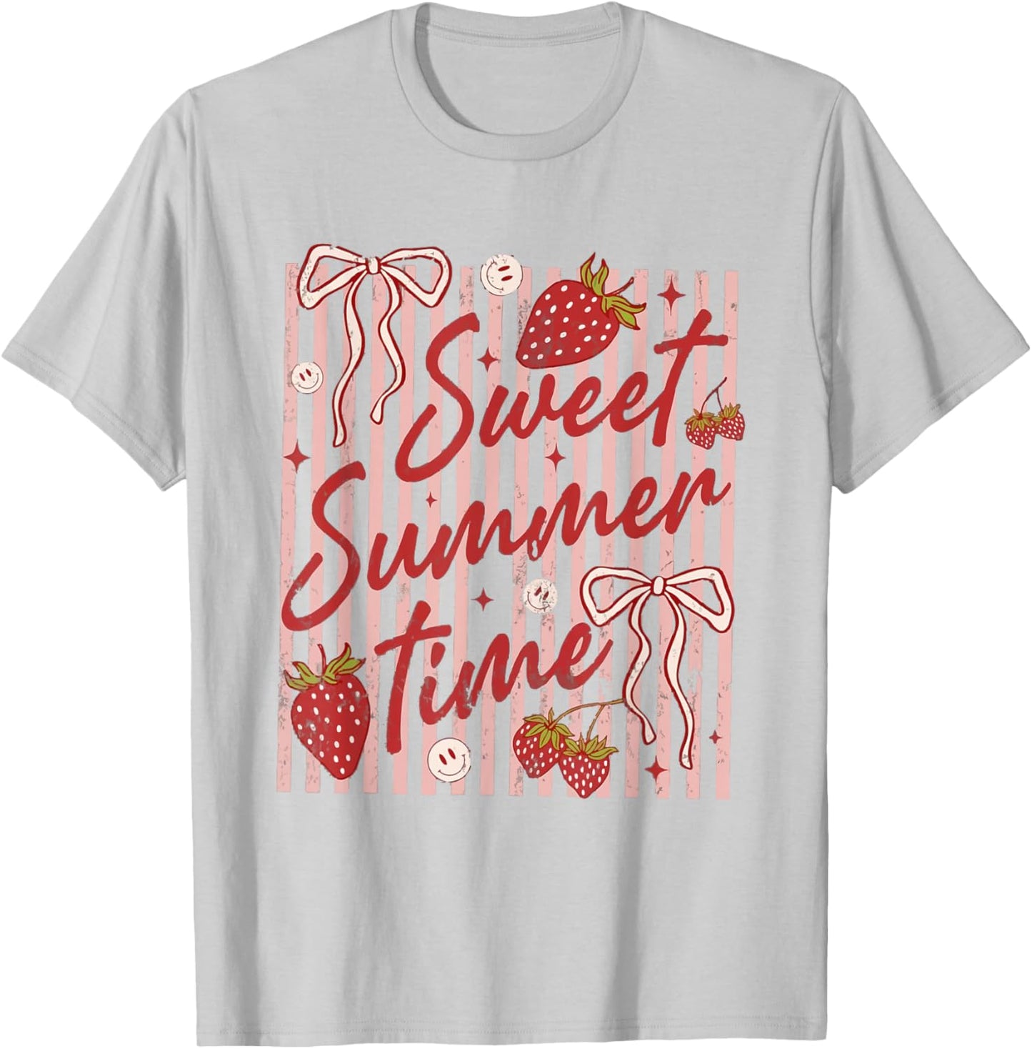 Retro Striped Sweet Summer Time Vacation Funny Strawberry T-Shirt - T-Shirt | Ash