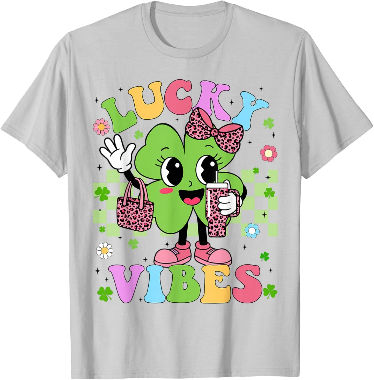 Lucky Vibes Cute Shamrock Leopard St Patricks Girl Kid Women T-Shirt - T-Shirt | Ash