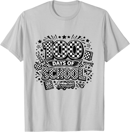 100 Days of School Checkered Pattern Celebration T-Shirt - T-Shirt | Ash
