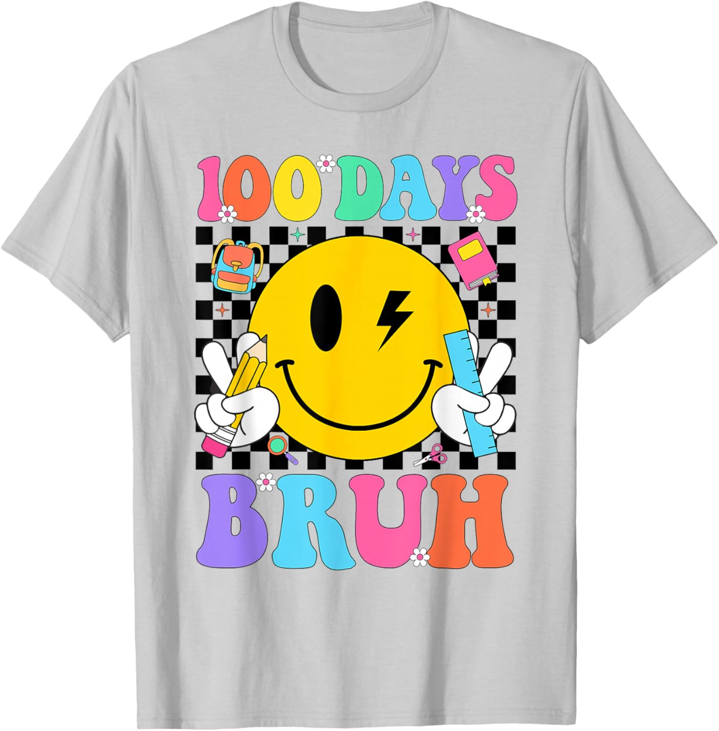 100 Days Bruh Retro Smile Face Boys Girls Kids 100th Day T-Shirt - T-Shirt | Ash