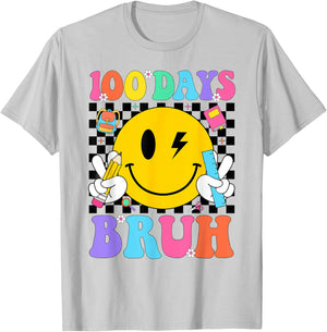 100 Days Bruh Retro Smile Face Boys Girls Kids 100th Day T-Shirt - T-Shirt | Ash