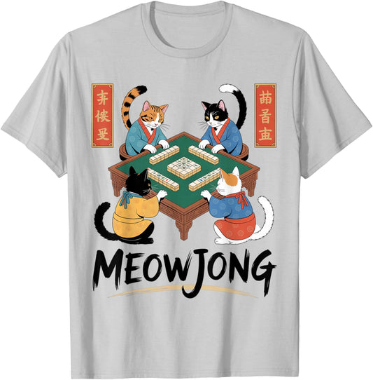 Mahjong Meowjong Cute Cat Tile Game Anime T-Shirt - T-Shirt | Ash