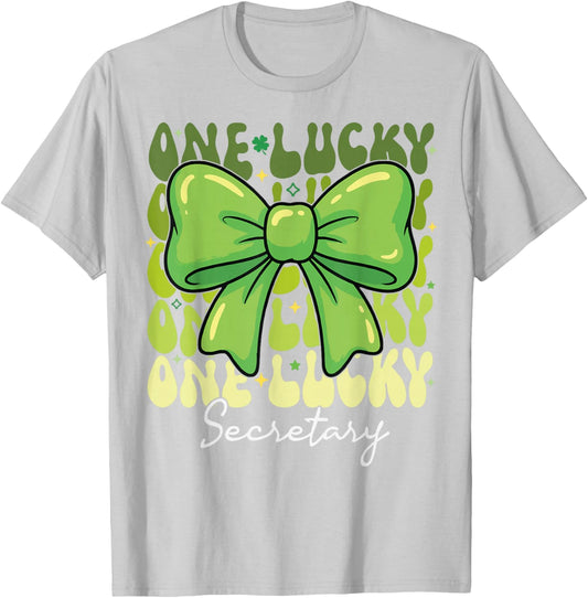 One Lucky Secretary St Patricks Day Coquette Bow Retro T-Shirt - T-Shirt | Ash