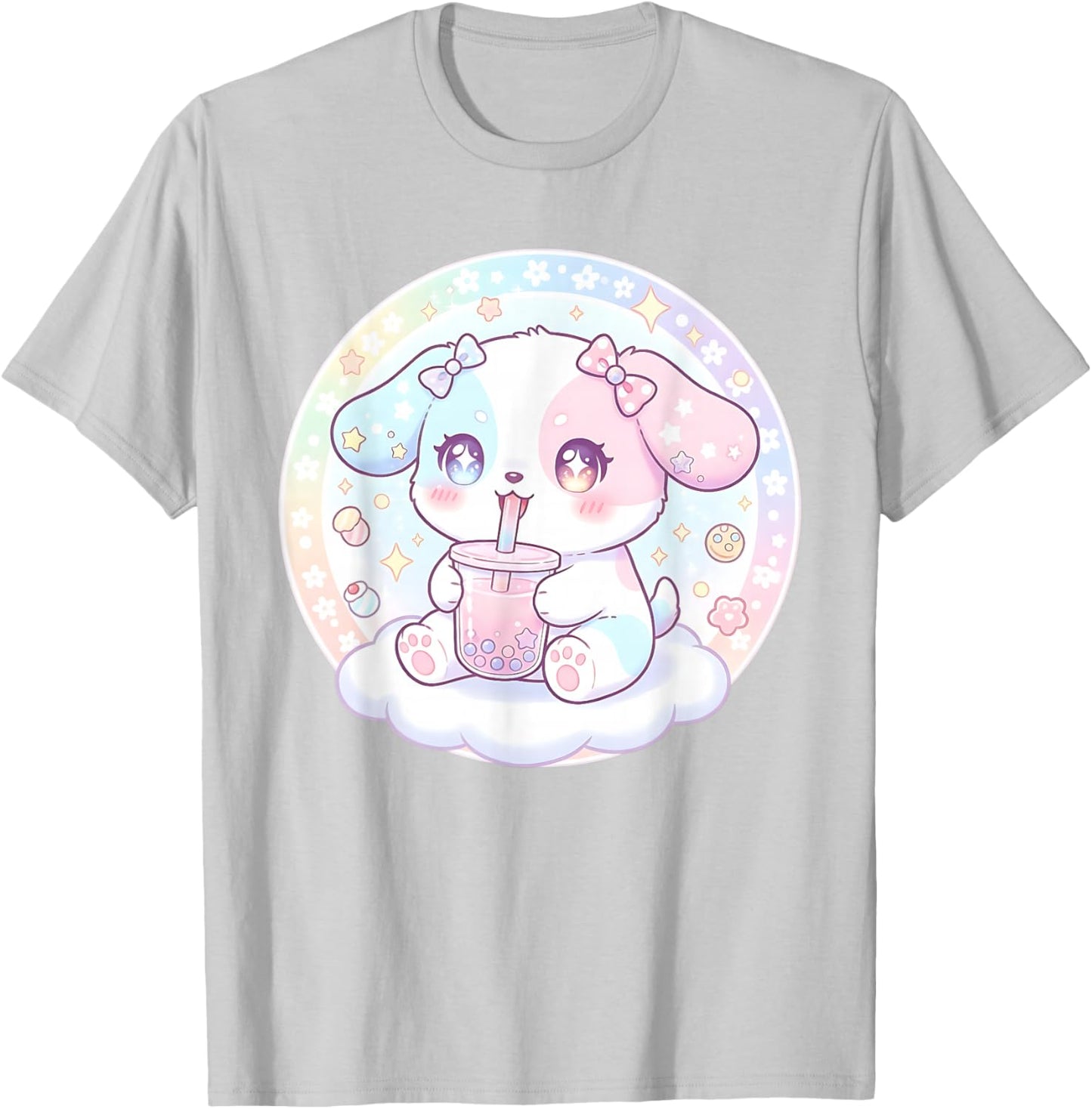 Puppy Dog Drinking Boba Tea Cute Girls Graphic T-Shirt - T-Shirt | Ash