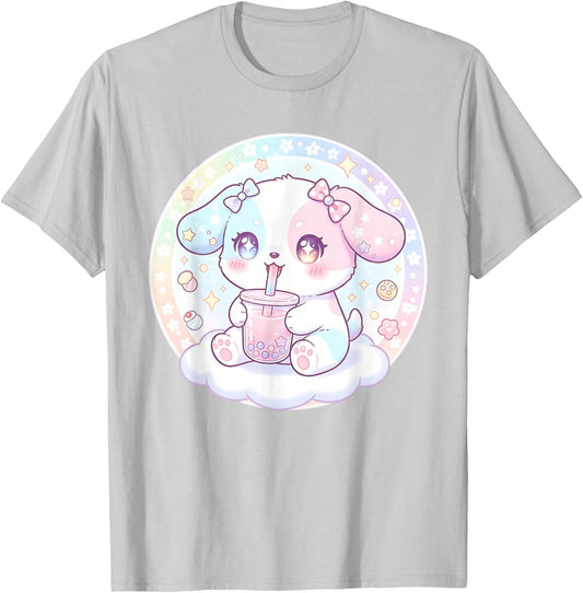 Puppy Dog Drinking Boba Tea Cute Girls Graphic T-Shirt - T-Shirt | Ash
