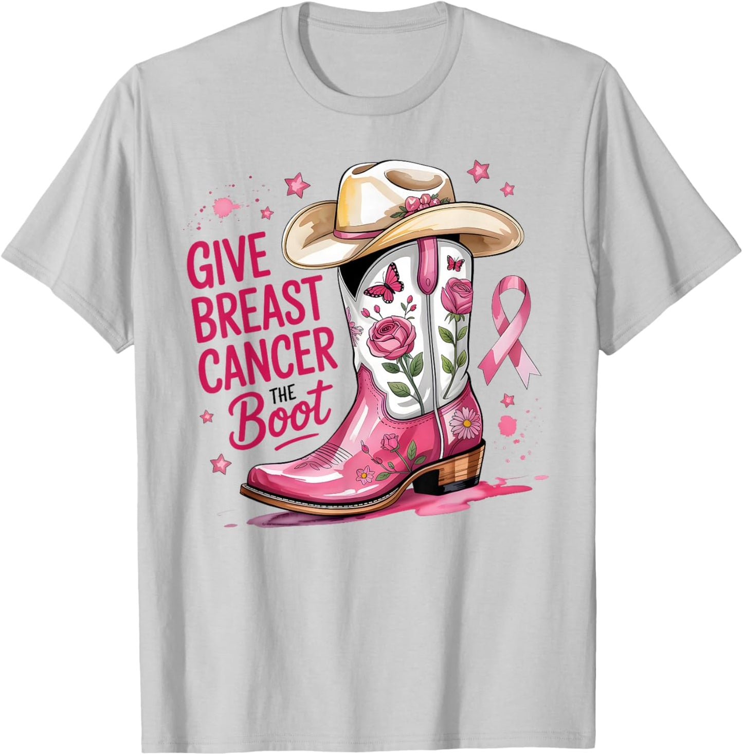 Give Breast Cancer The Boot Breast Cancer Pink Ribbon Women T-Shirt - T-Shirt | Ash