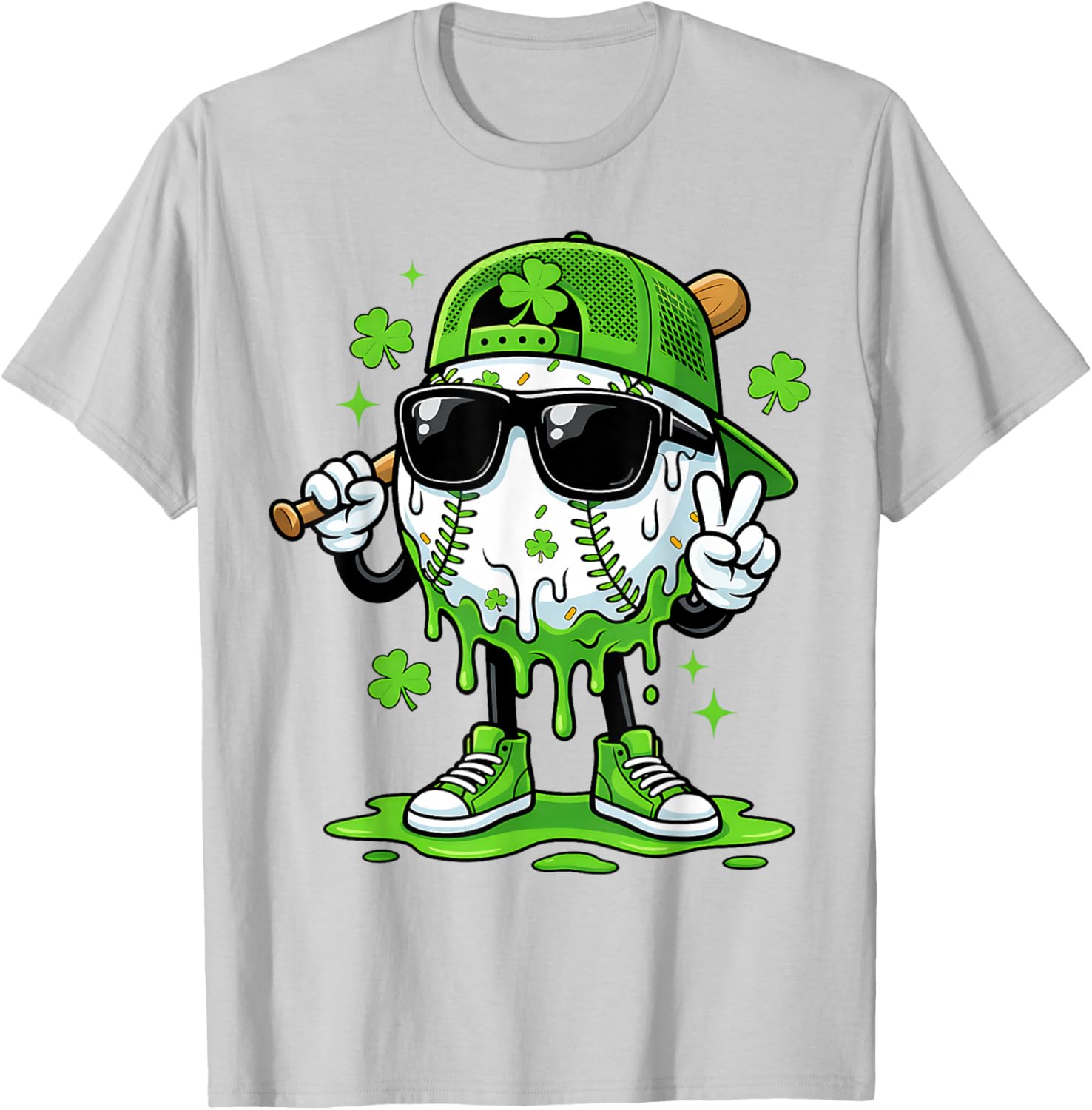 Baseball Drip Ice Cream Boys Youth Kids St Patricks Day T-Shirt - T-Shirt | Ash