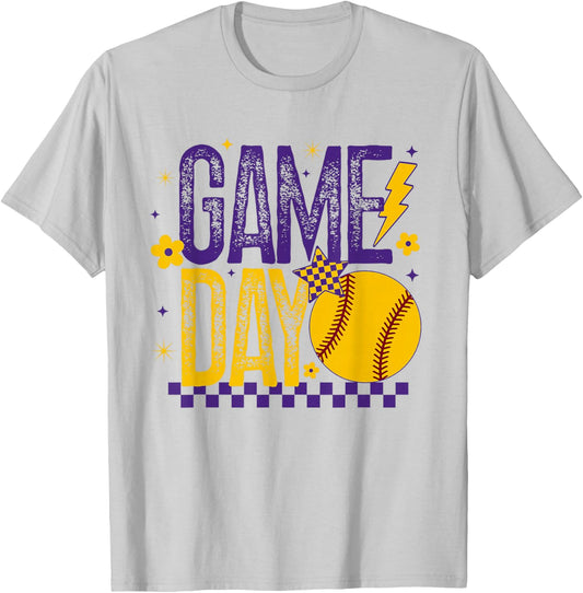 Softball Game Day Girls Softball Player Purple & Gold Women T-Shirt - T-Shirt | Ash