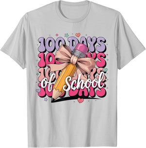 100 Days of School Girls Coquette Bow Kids Teacher Student T-Shirt - T-Shirt | Ash