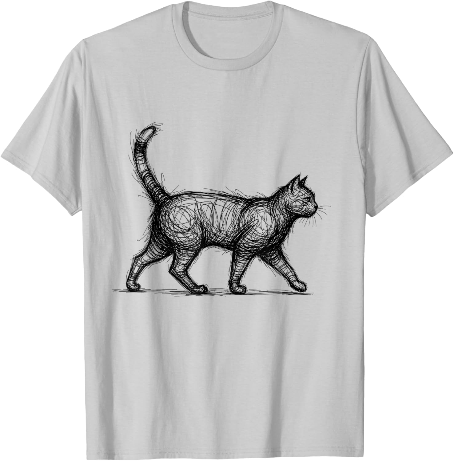 Scribble Cat Abstract Sketch Minimalist Cat Art T-Shirt - T-Shirt | Ash