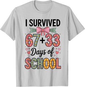 I Survived 67+33 Day of School 100 Days of School Teacher T-Shirt - T-Shirt | Ash