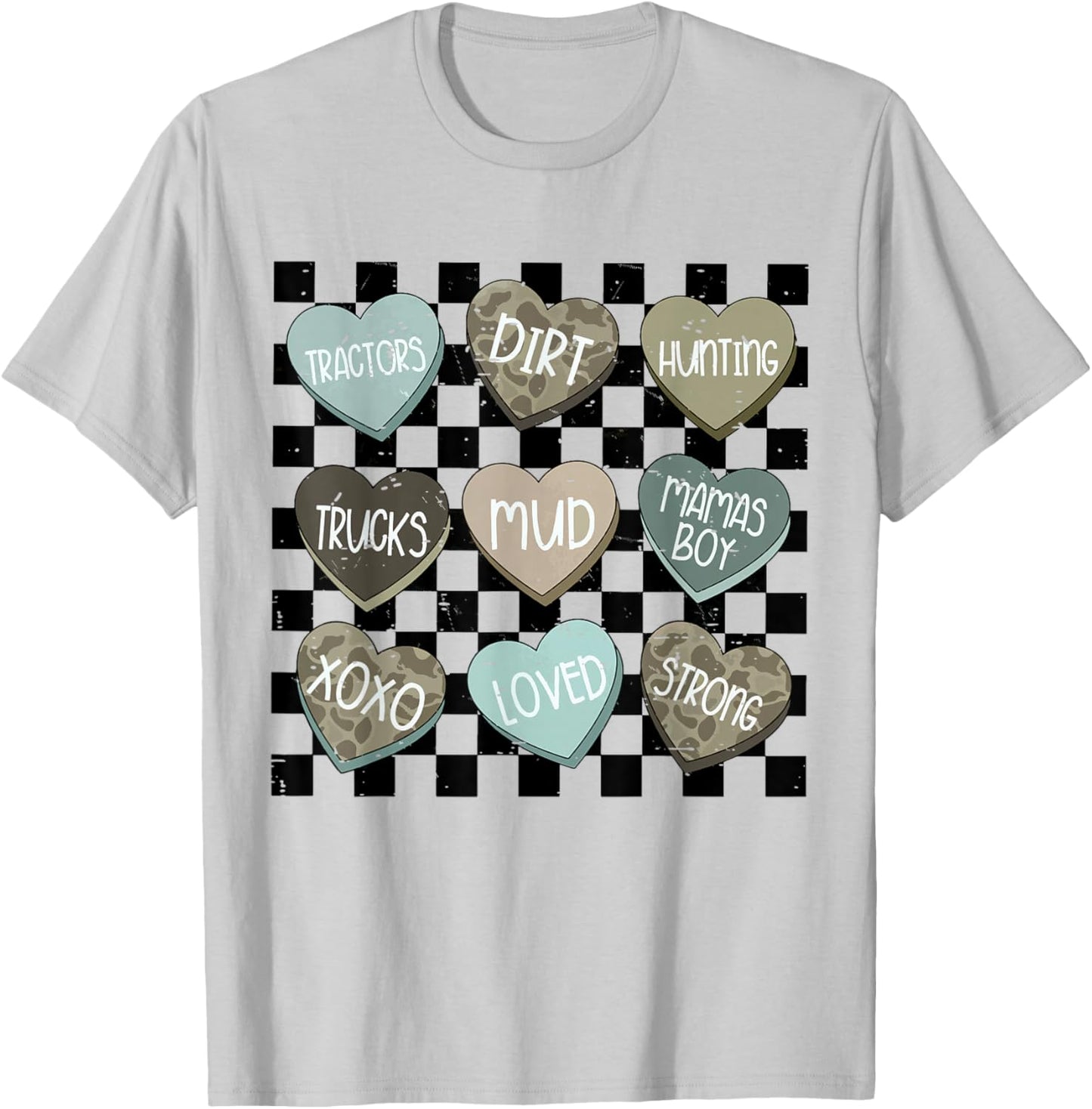 Retro Checkered Camo Hearts Valentine Loved XOXO Kids Boys T-Shirt - T-Shirt | Ash