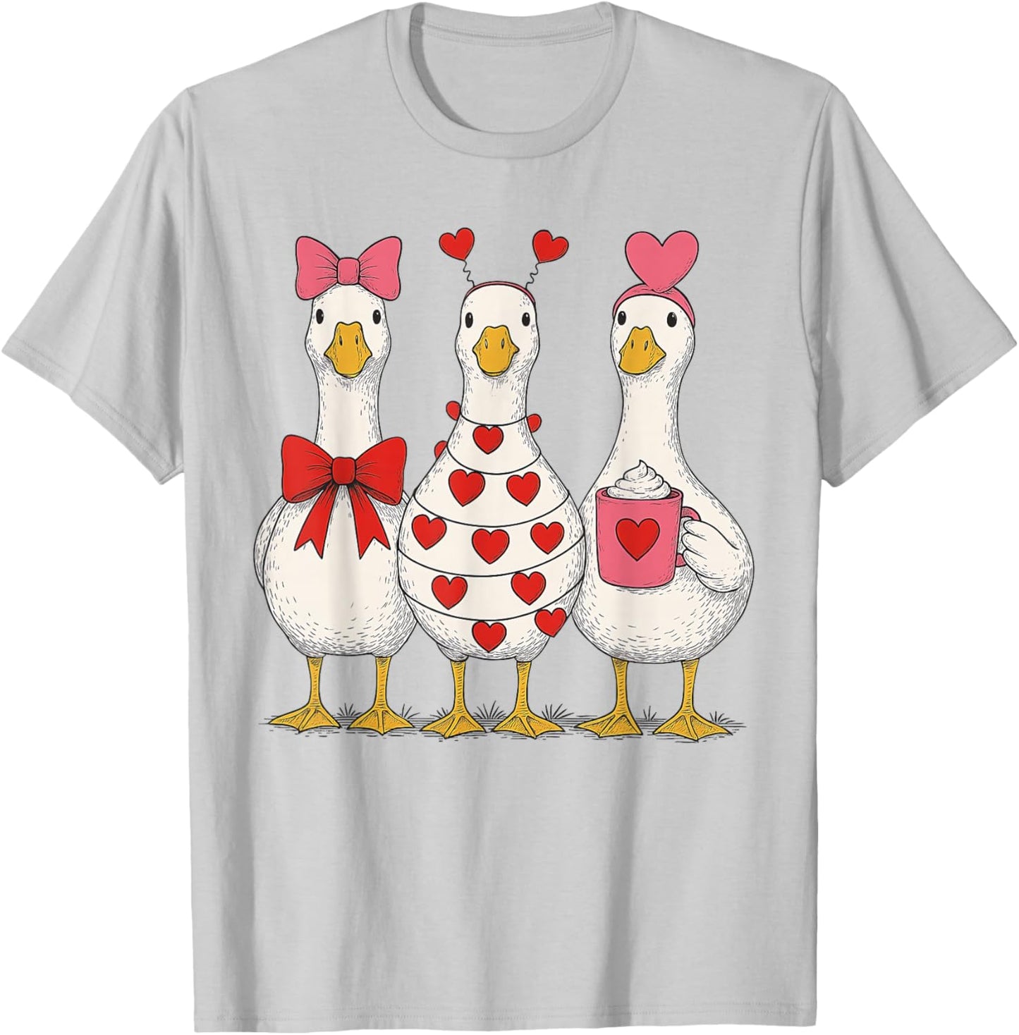 Valentine Goose Cute Heart Love Trio T-Shirt - T-Shirt | Ash