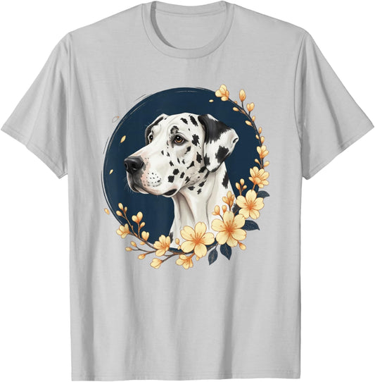 Harlequin Great Dane Flower Dog Lover T-Shirt - T-Shirt | Ash