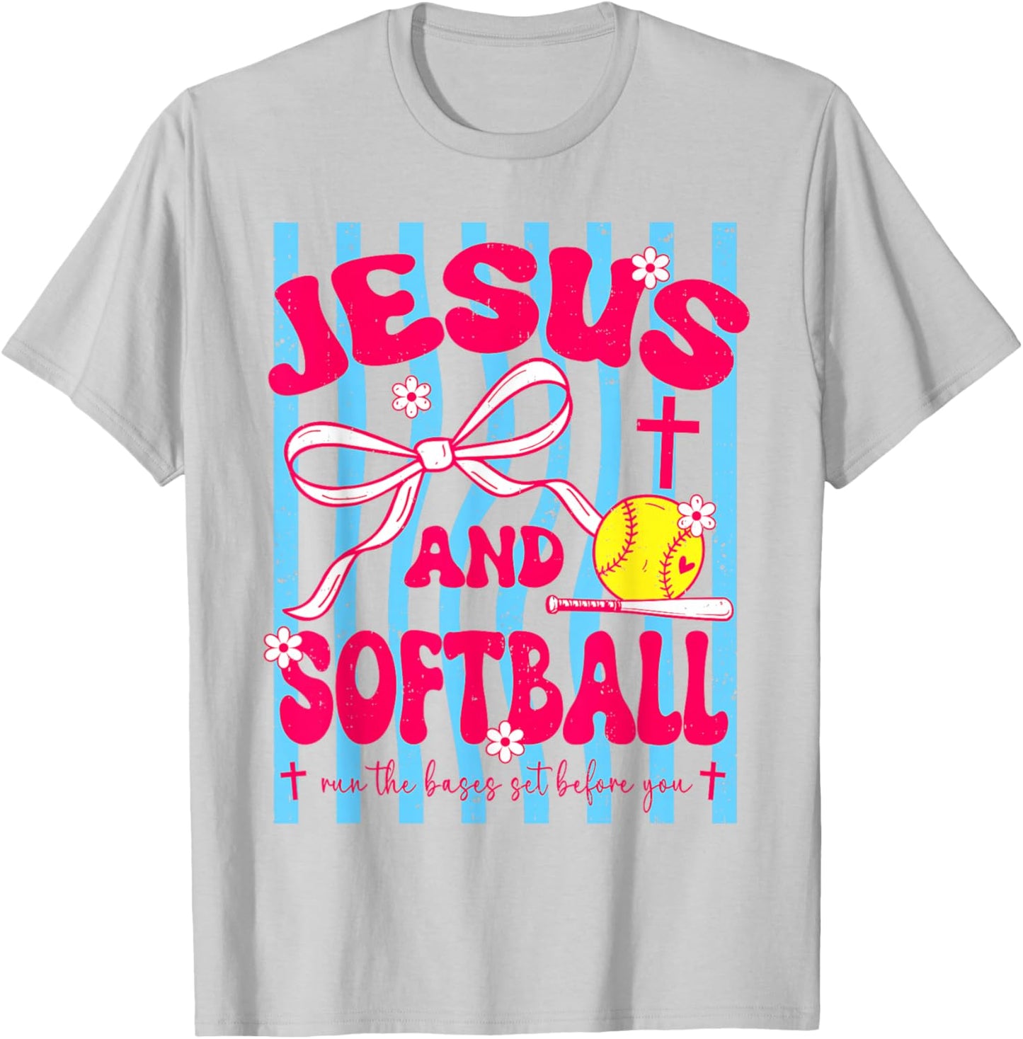 Jesus and Softball Bow Christian Mom Mama Girls Faith T-Shirt - T-Shirt | Ash