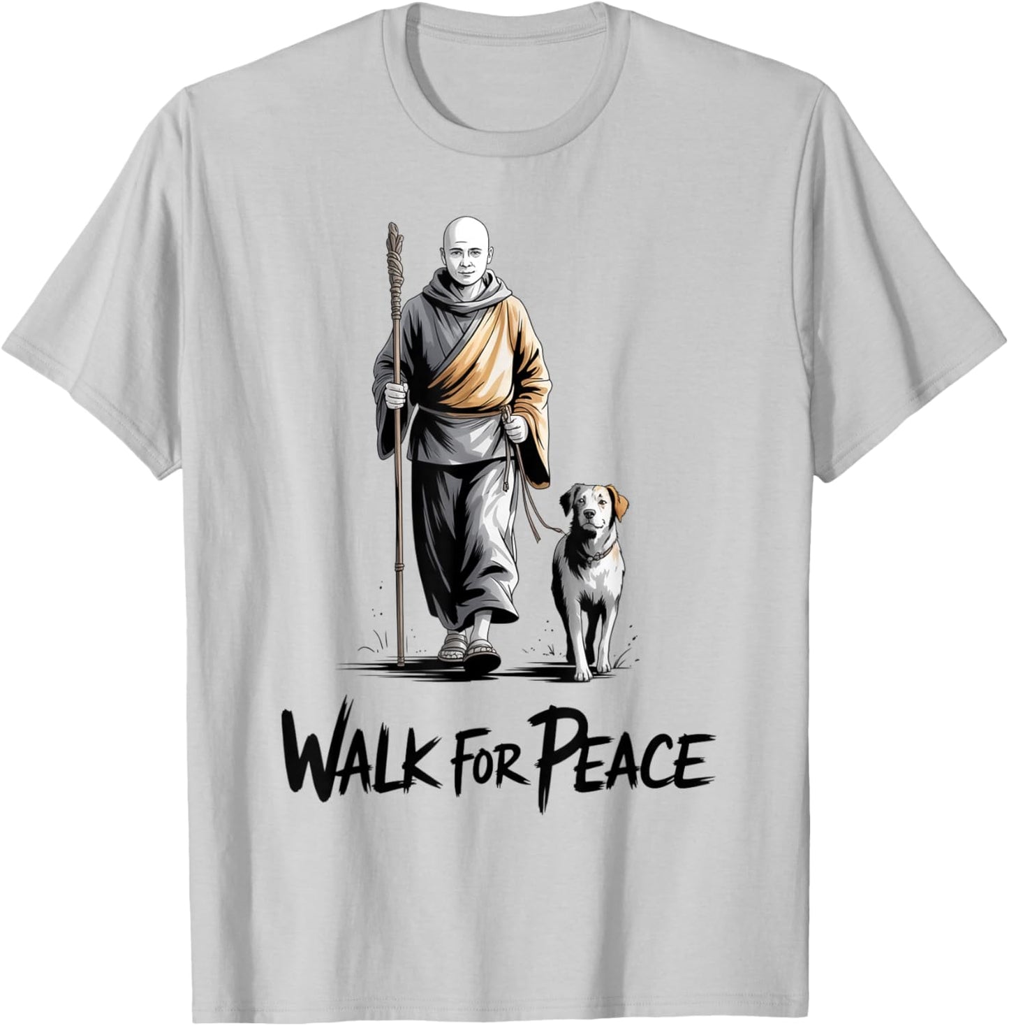 Retro Walk for Peace Monks with Aloka Dog Minimalist Zen Art T-Shirt - T-Shirt | Ash