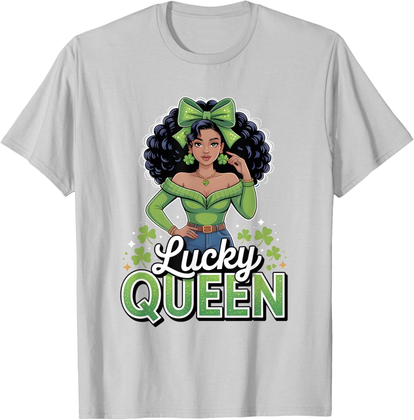 Lucky Queen St Patricks Day Black Girl Afro Shamrock Squad T-Shirt - T-Shirt | Ash