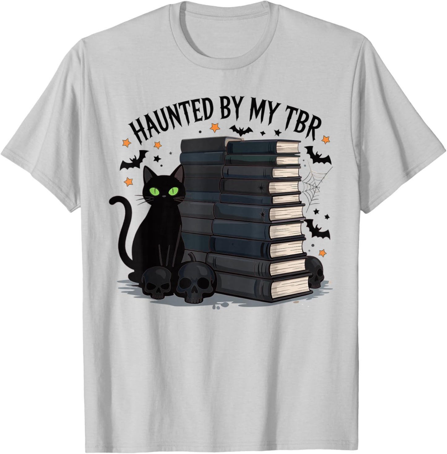 Haunted by My TBR Funny Black Cat Book Halloween T-Shirt - T-Shirt | Ash