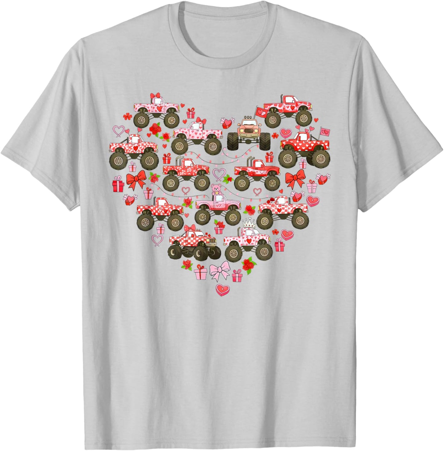 Pink Monster Truck Heart XOXO Boys Girls Kids Valentines Day T-Shirt - T-Shirt | Ash