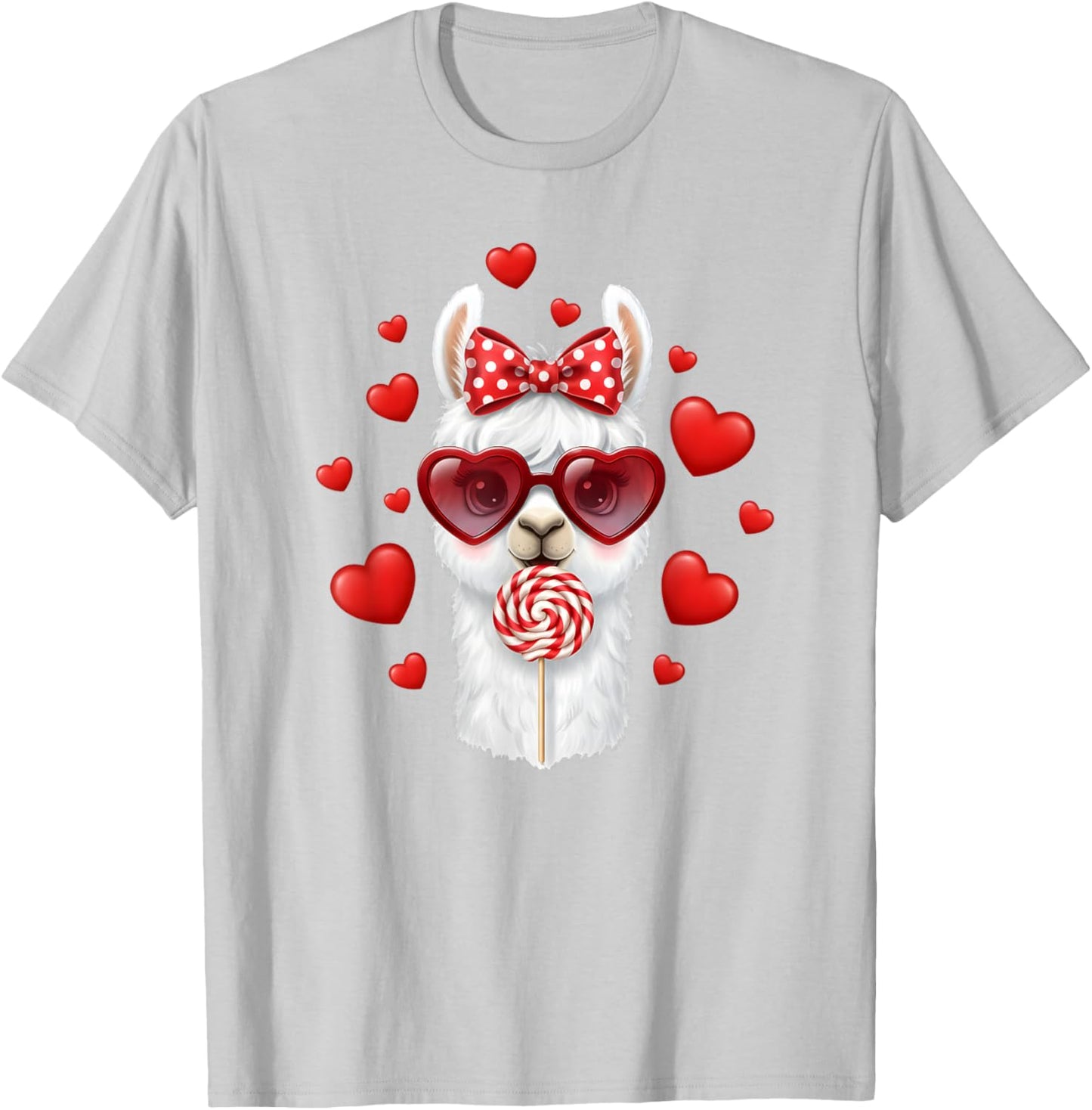 Cute Lollipop Llama Valentines Day Red Heart Funny T-Shirt - T-Shirt | Ash